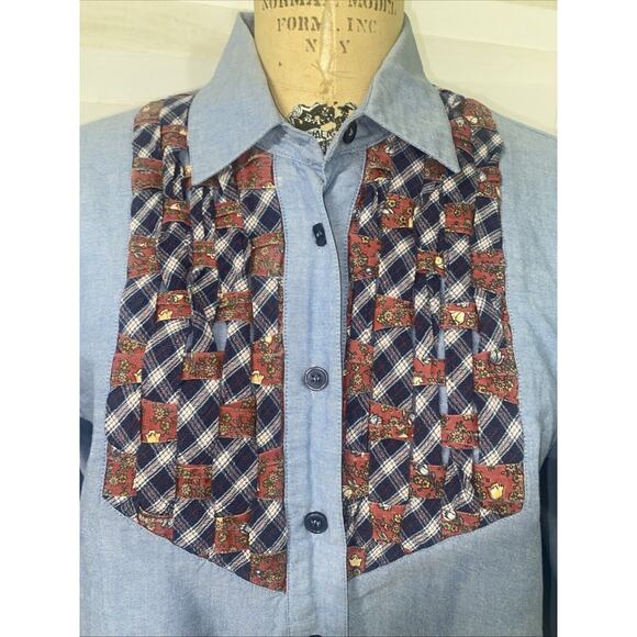 NAPA VALLEY Vintage Denim Chambray Patchwork Woven Button-Up Shirt Women’s Large - Picture 2 of 9